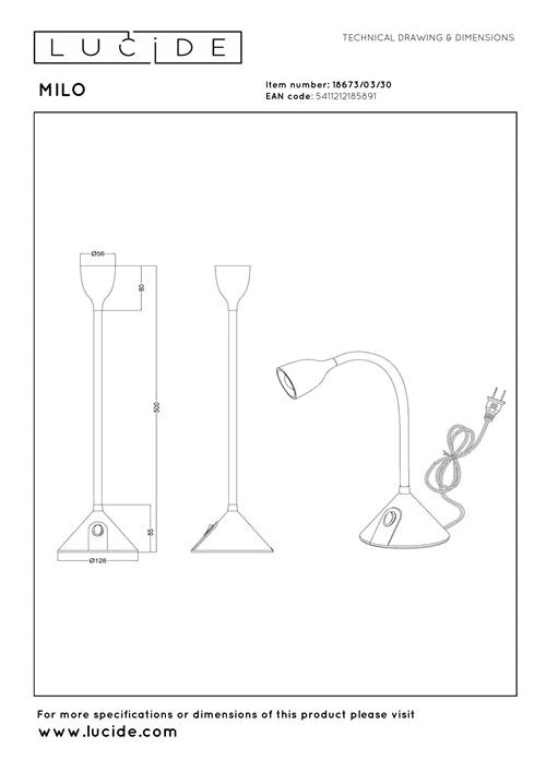 Lucide MILO - Schreibtischlampe - Ø 12,8 cm - LED - 1x3,2W 3000K - Schwarz - technisch